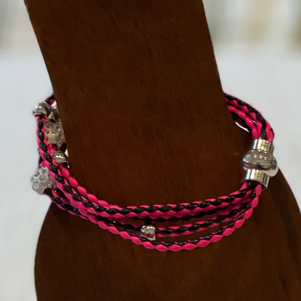 Pink & black leather multi strand bracelet steel magnetic closure
